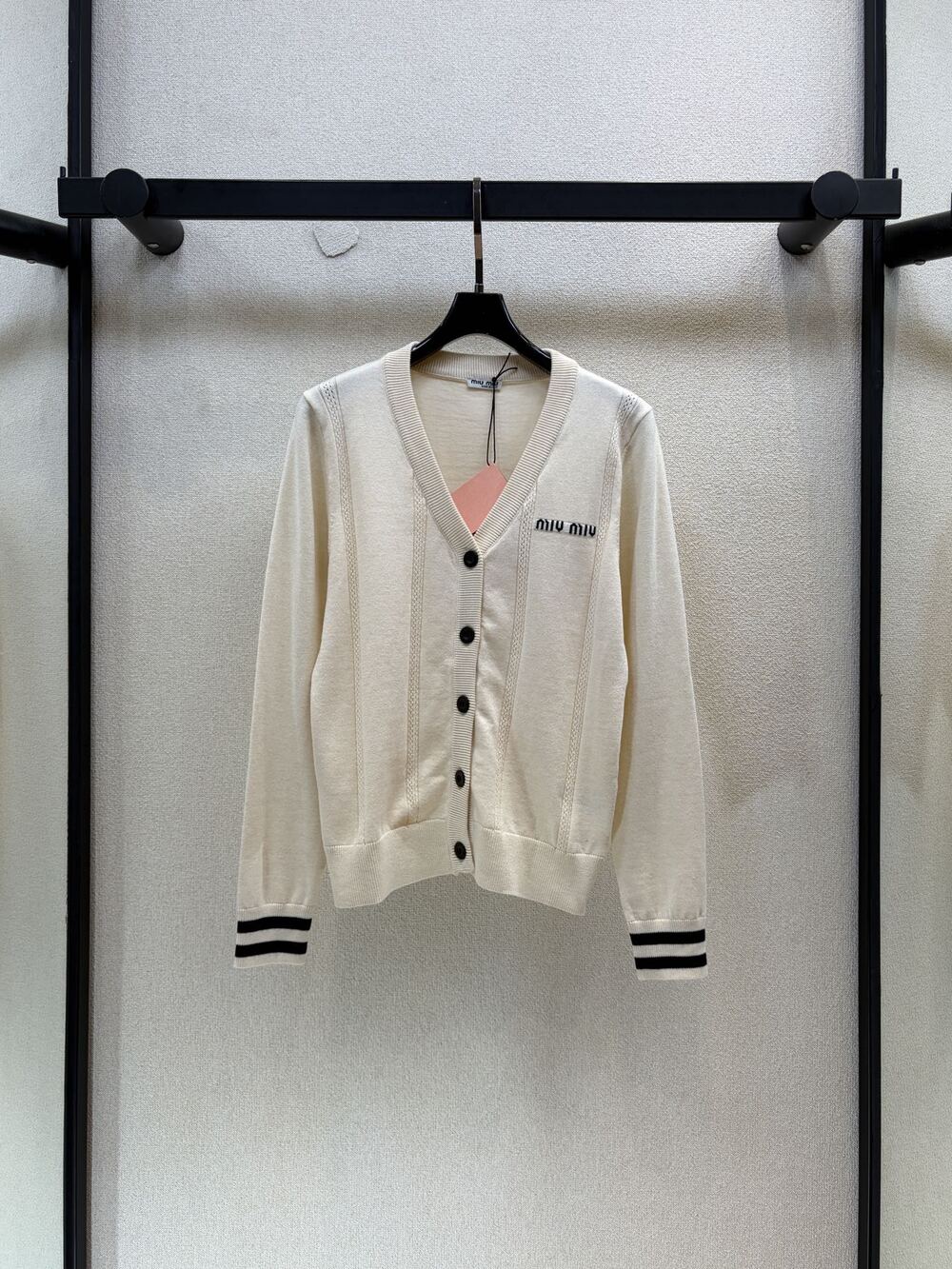 Miu Miu Cream V Neck Logo Knit Cardigan